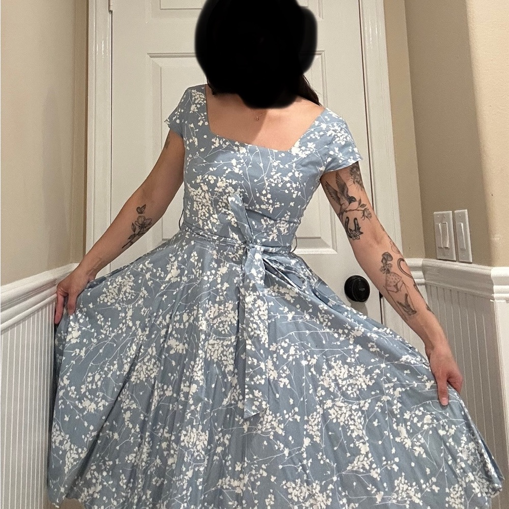 Unique Vintage Blue Floral Midi Dress